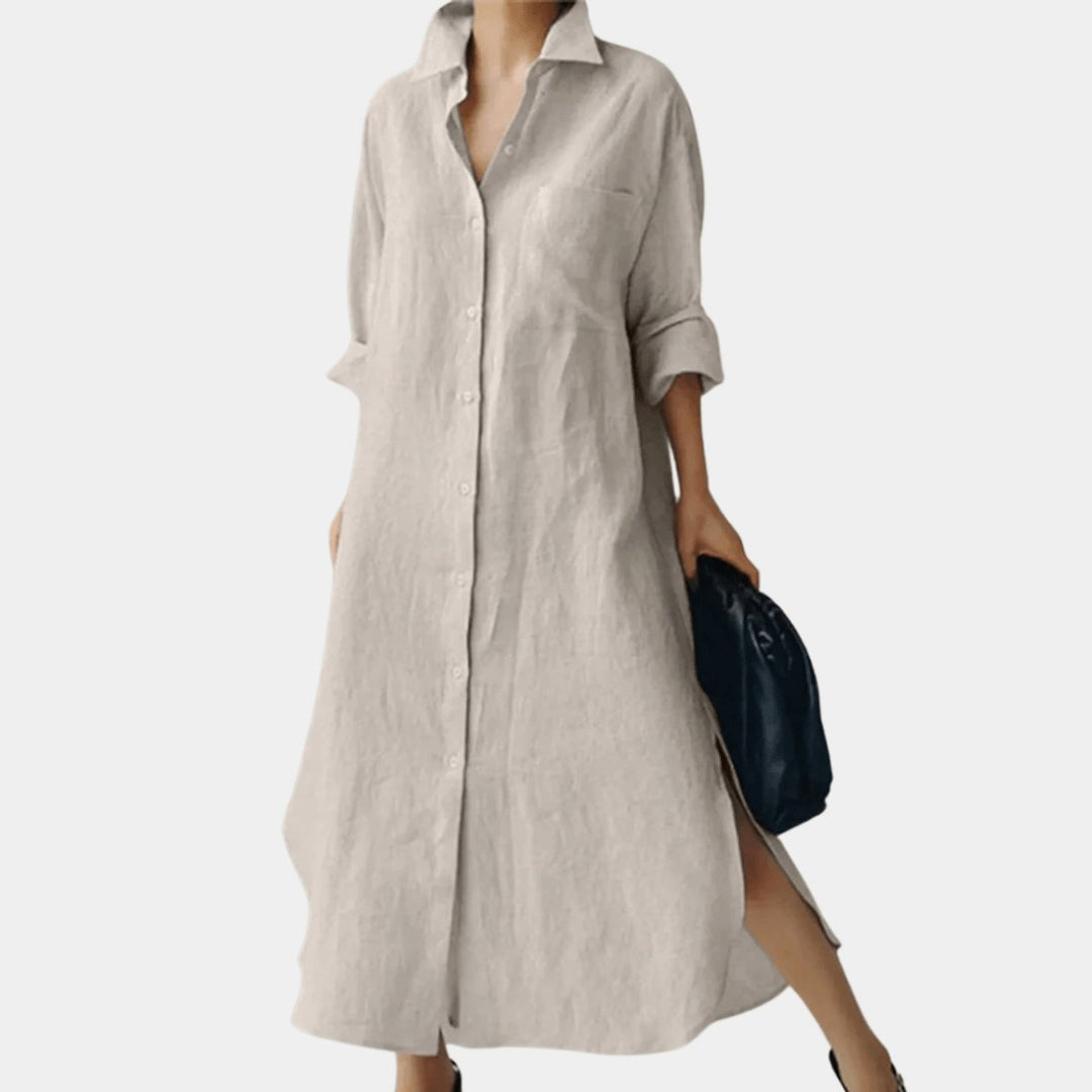 Women's Oversized Button-Down Long Sleeve Dress Collared Shirt - Natural Linen