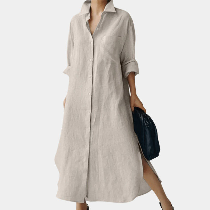 Women's Oversized Button-Down Long Sleeve Dress Collared Shirt - Natural Linen