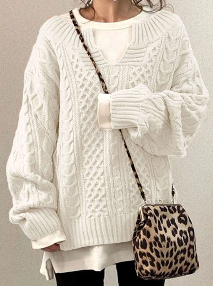 Women's Oversized Cable Knit Sweater V-Neck Long Sleeve Jumper - White