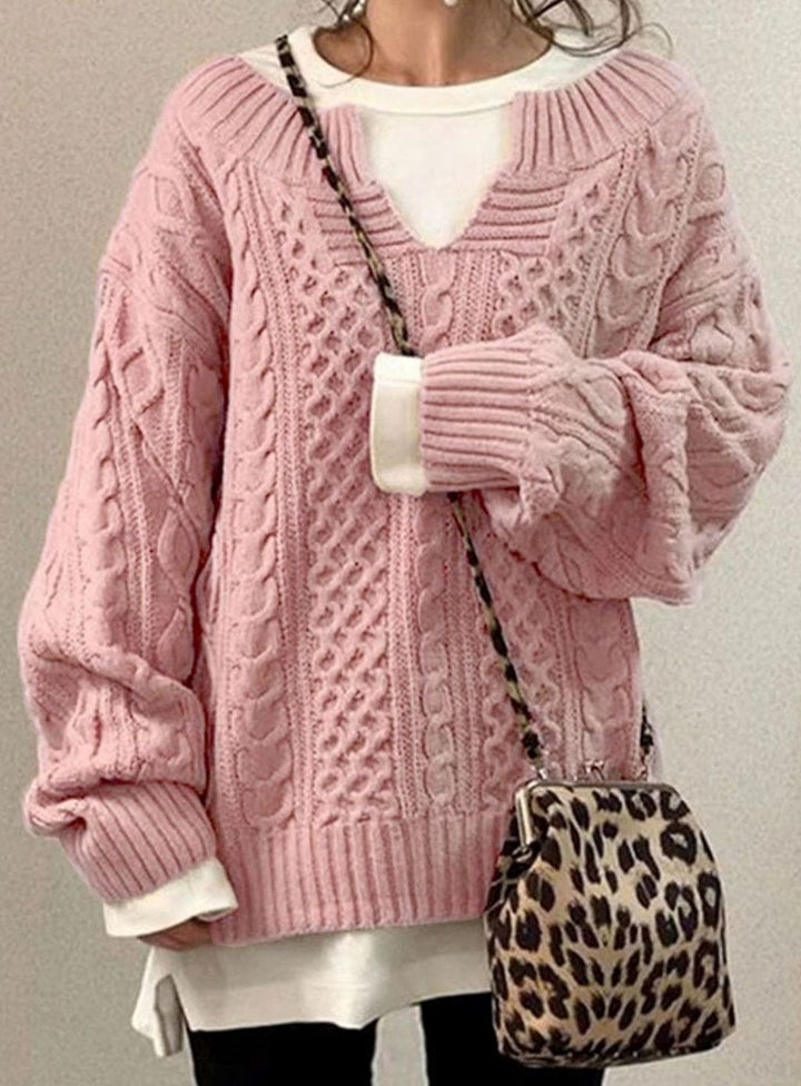 Women's Oversized Cable Knit Sweater V-Neck Long Sleeve Jumper - Pink