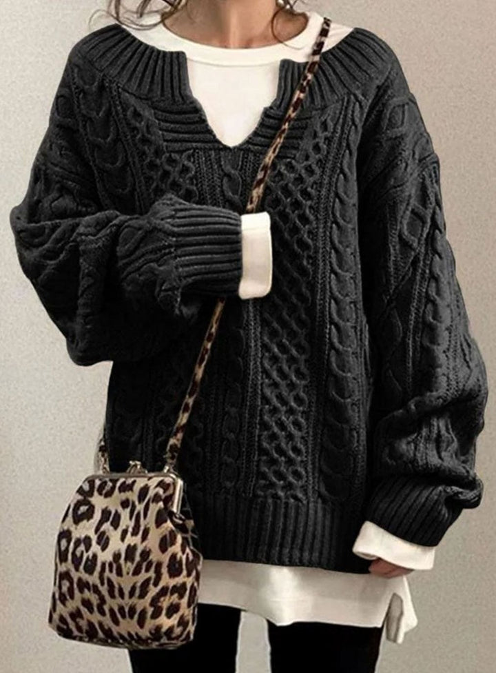 Women's Oversized Cable Knit Sweater V-Neck Long Sleeve Jumper - Black