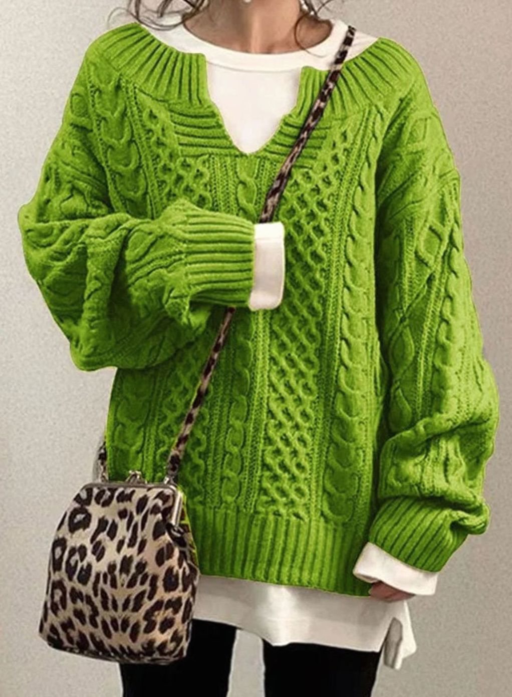 Women's Oversized Cable Knit Sweater V-Neck Long Sleeve Jumper - Green