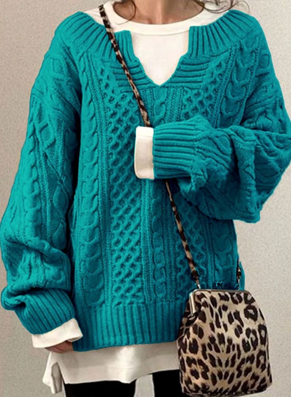 Women's Oversized Cable Knit Sweater V-Neck Long Sleeve Jumper - Blue