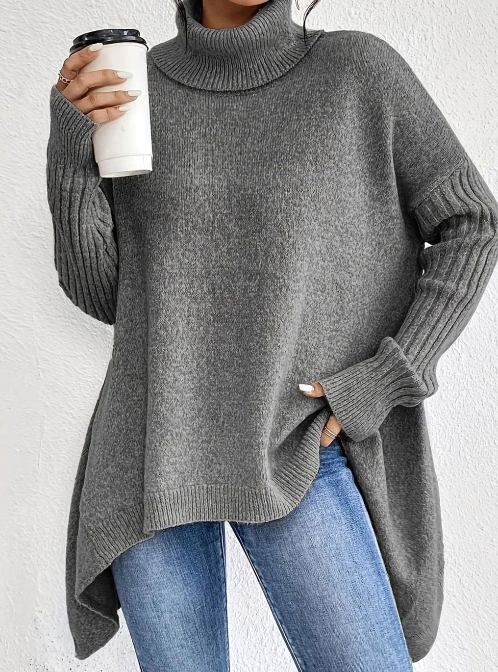 Women's Oversized Cashmere Turtleneck Longline Knit Jumper - Grey