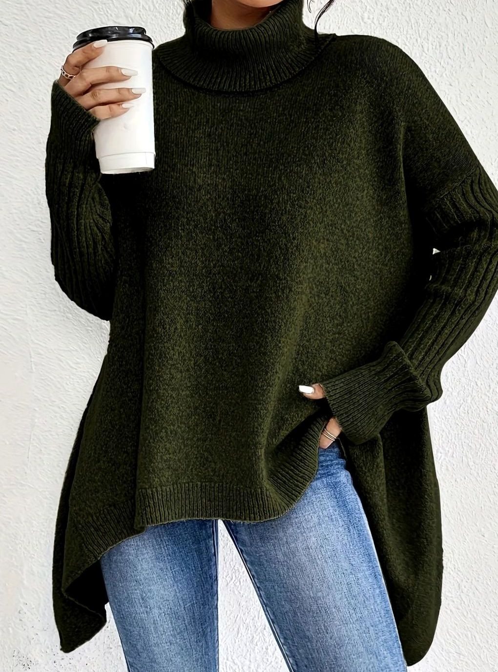 Women's Oversized Cashmere Turtleneck Longline Knit Jumper - Dark Green