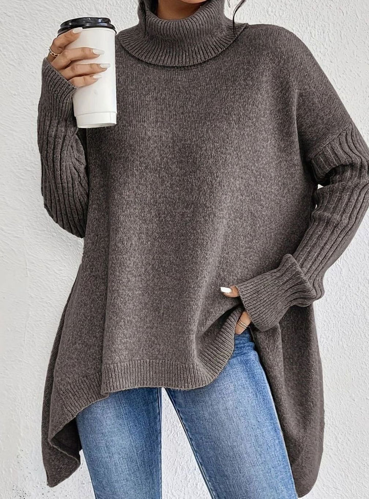 Women's Oversized Cashmere Turtleneck Longline Knit Jumper - Light Brown