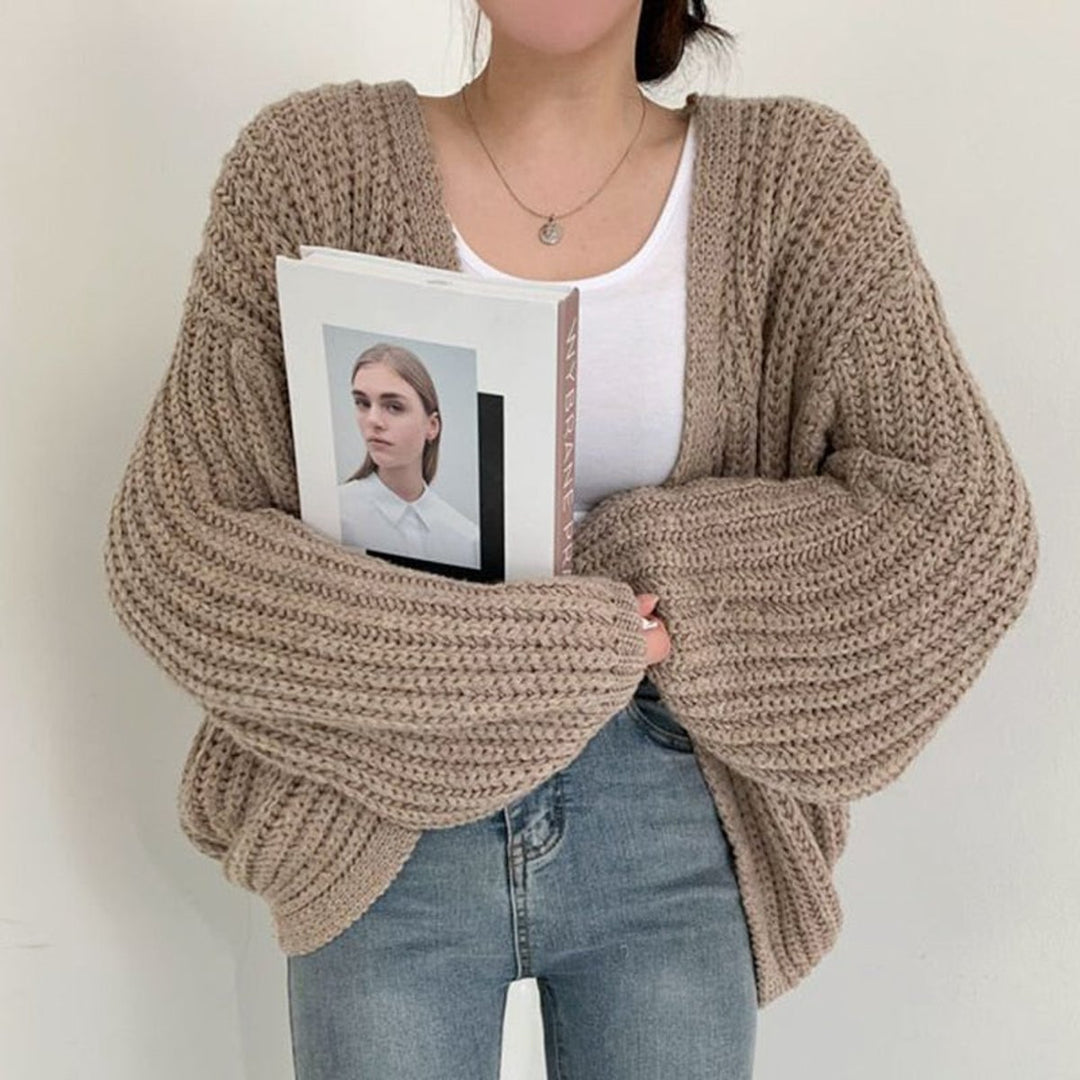 Women's Oversized Chunky Knit Open Front Cardigan Balloon Sleeve - Khaki