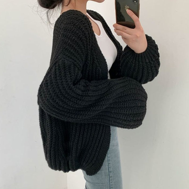 Women's Oversized Chunky Knit Open Front Cardigan Balloon Sleeve - Black