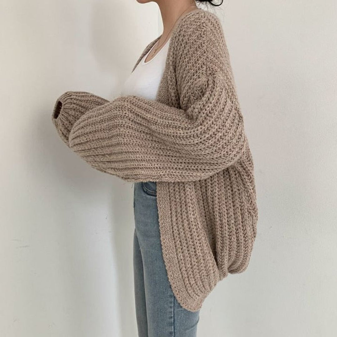 Women's Oversized Chunky Knit Open Front Cardigan Balloon Sleeve