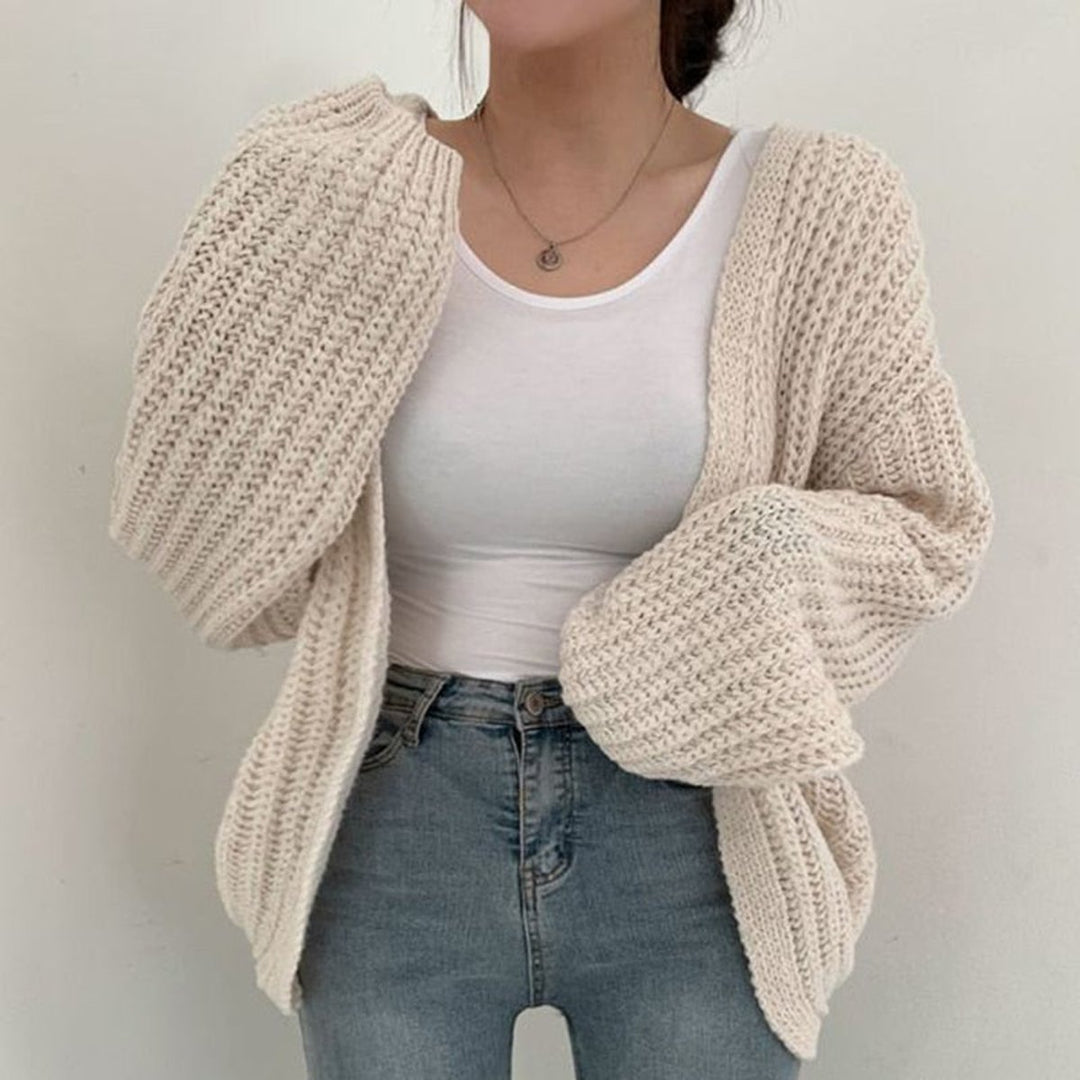 Women's Oversized Chunky Knit Open Front Cardigan Balloon Sleeve - White