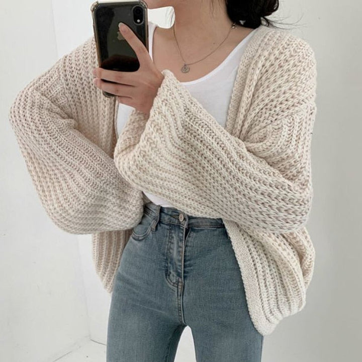Women's Oversized Chunky Knit Open Front Cardigan Balloon Sleeve