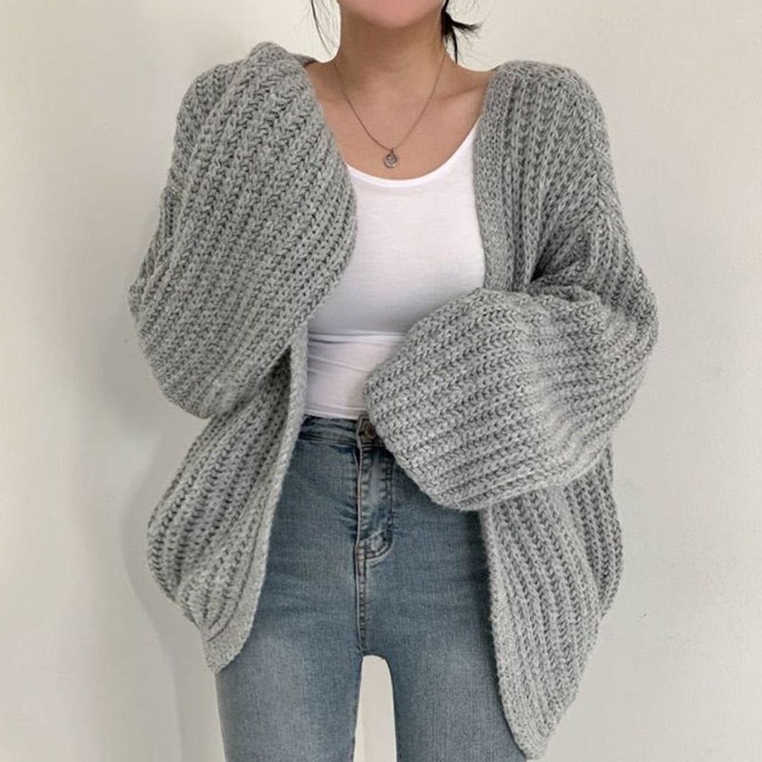 Women's Oversized Chunky Knit Open Front Cardigan Balloon Sleeve - Grey