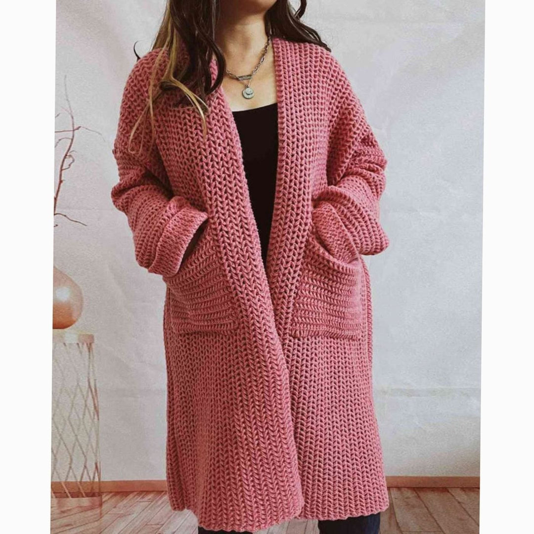 Women's Oversized Chunky Knit Open Front Long Cardigan Patch Pockets - Dusty Pink