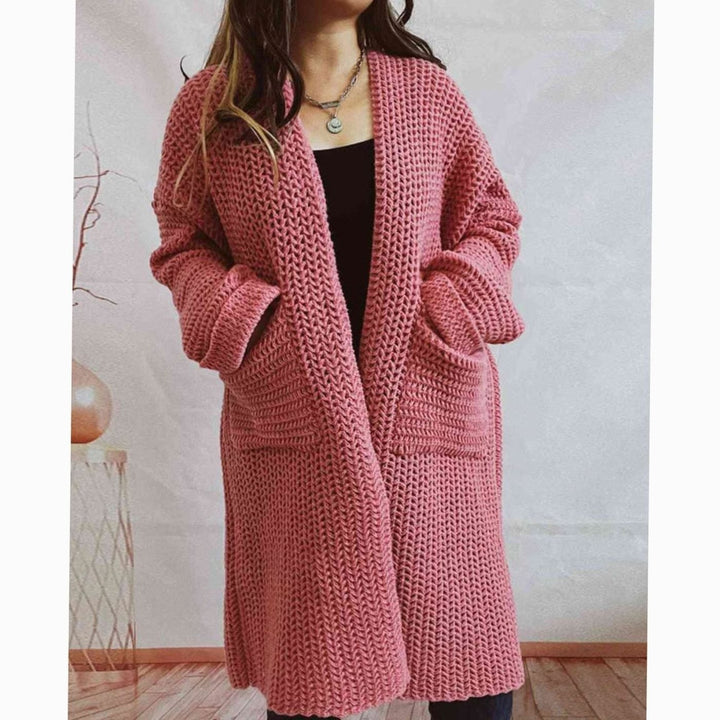 Women's Oversized Chunky Knit Open Front Long Cardigan Patch Pockets - Dusty Pink