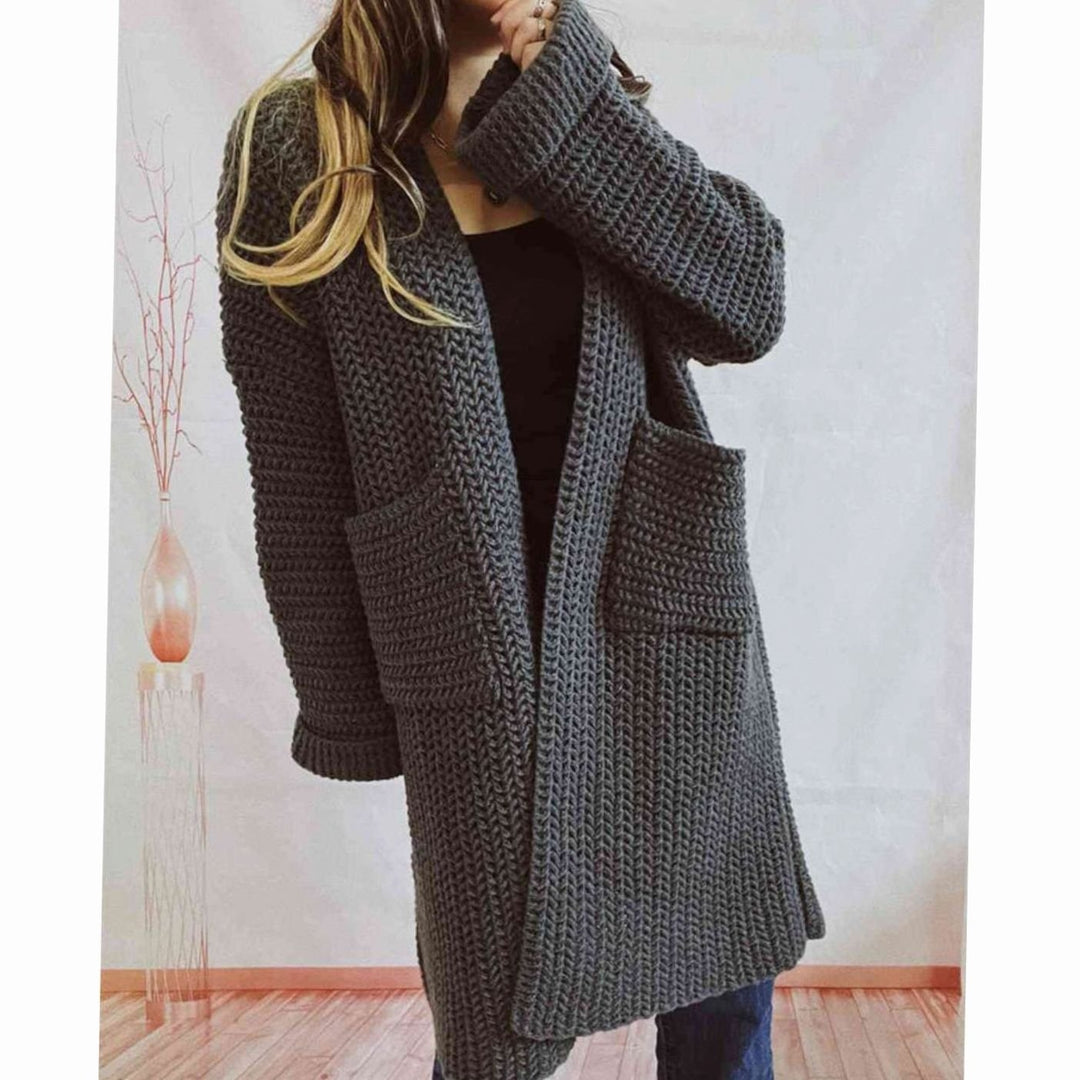 Women's Oversized Chunky Knit Open Front Long Cardigan Patch Pockets