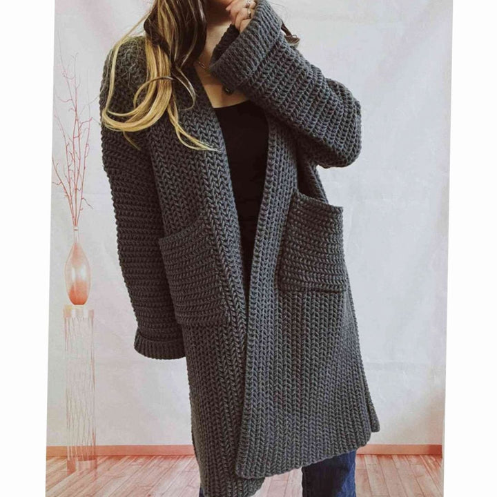 Women's Oversized Chunky Knit Open Front Long Cardigan Patch Pockets
