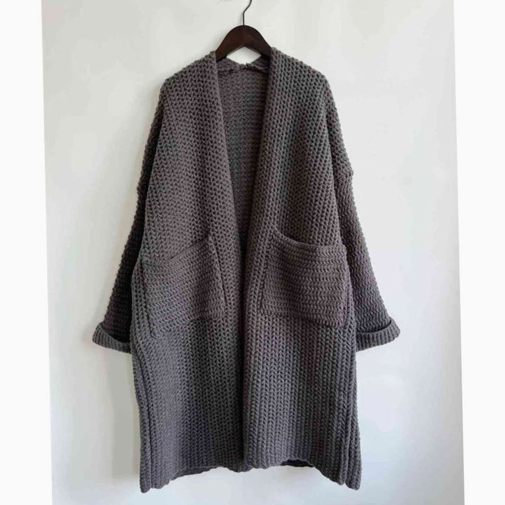 Women's Oversized Chunky Knit Open Front Long Cardigan Patch Pockets