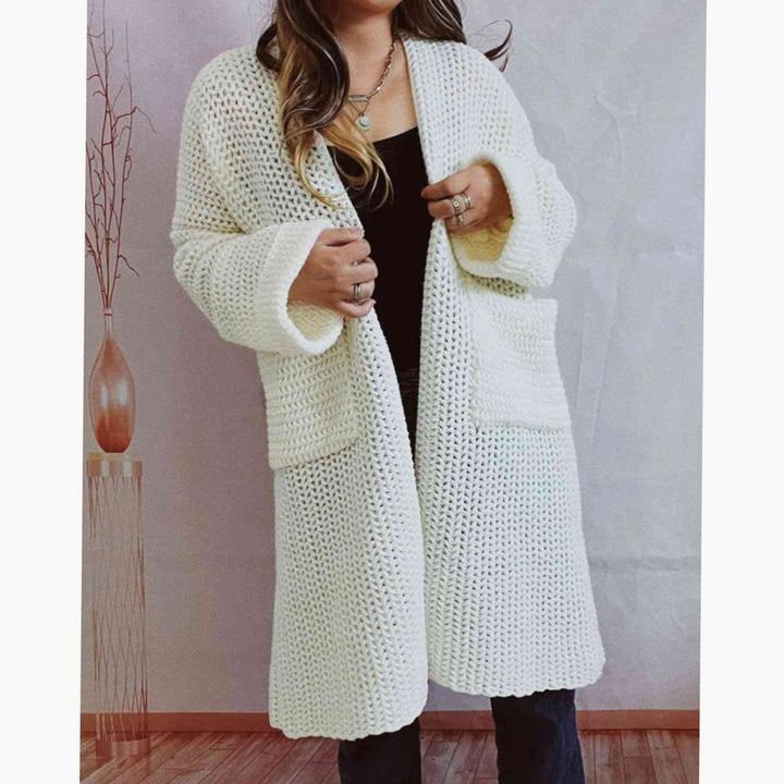 Women's Oversized Chunky Knit Open Front Long Cardigan Patch Pockets - White
