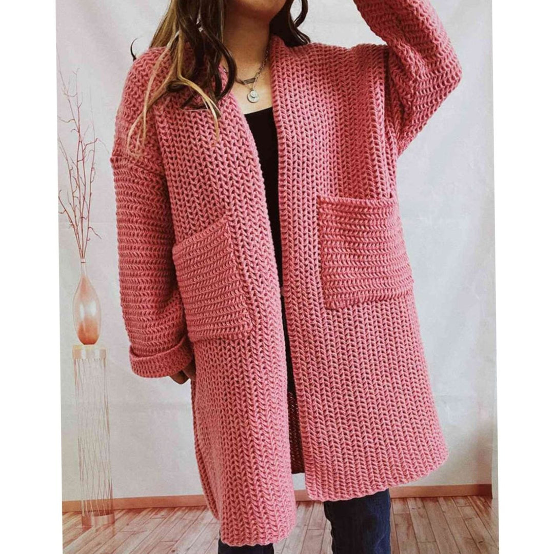 Women's Oversized Chunky Knit Open Front Long Cardigan Patch Pockets
