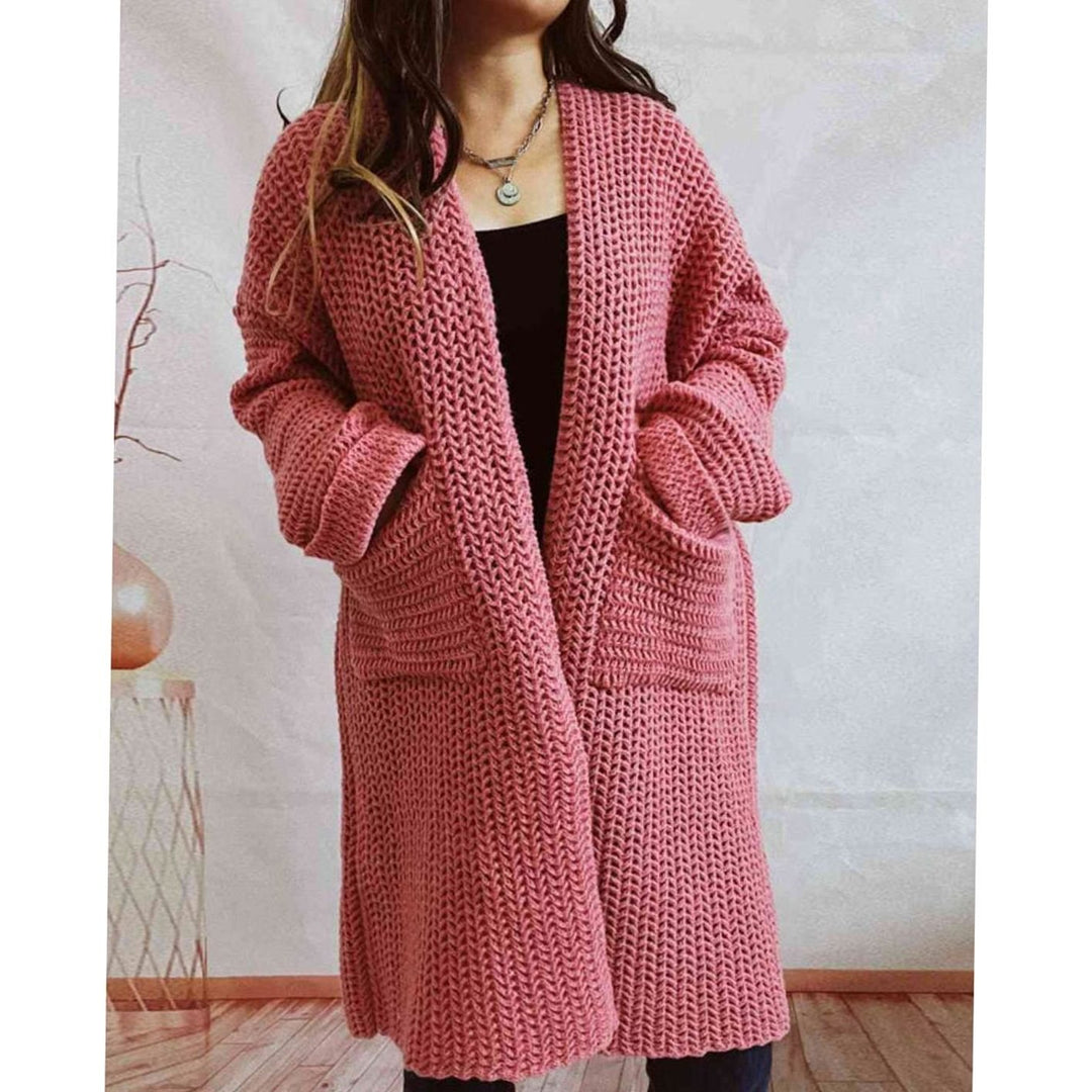 Women's Oversized Chunky Knit Open Front Long Cardigan Patch Pockets