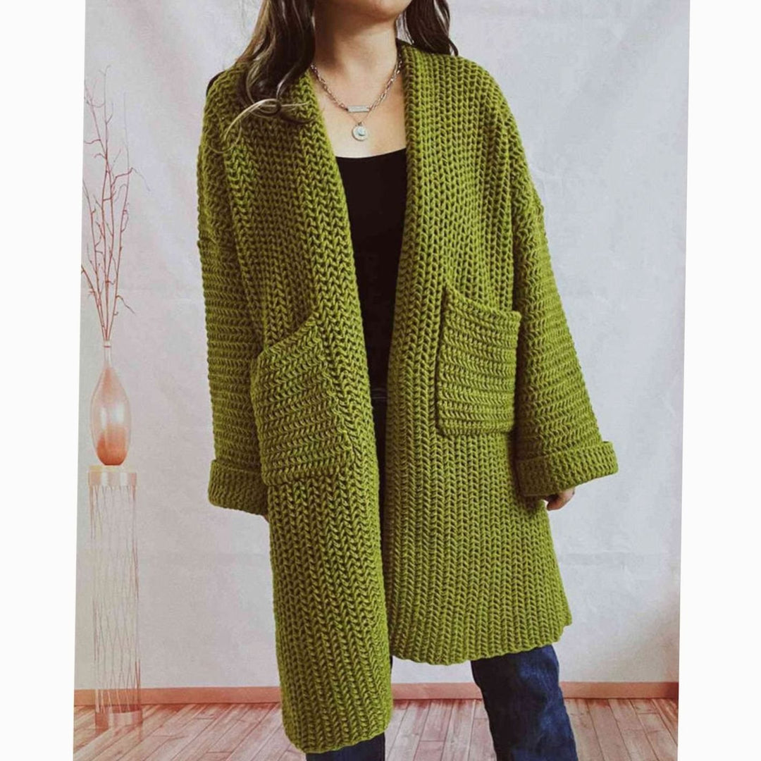 Women's Oversized Chunky Knit Open Front Long Cardigan Patch Pockets - Moss