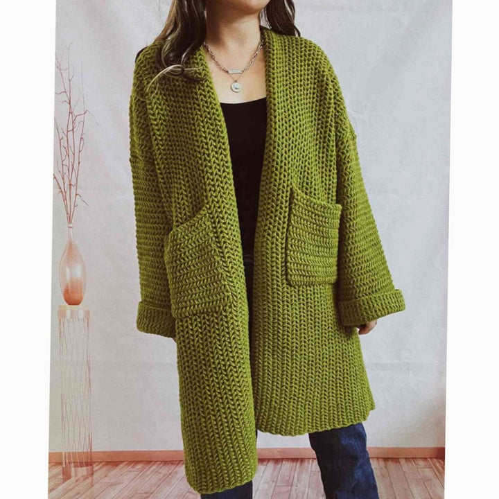 Women's Oversized Chunky Knit Open Front Long Cardigan Patch Pockets - Moss