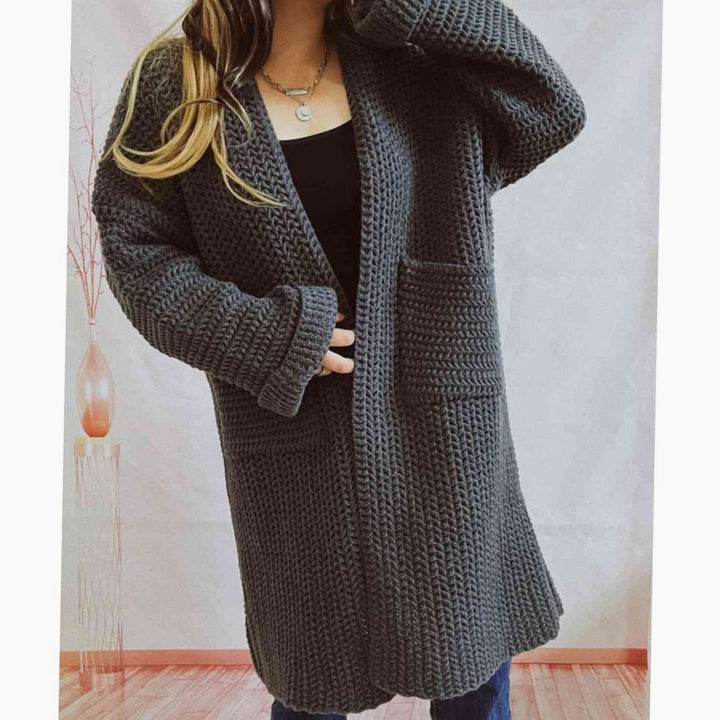 Women's Oversized Chunky Knit Open Front Long Cardigan Patch Pockets - Charcoal