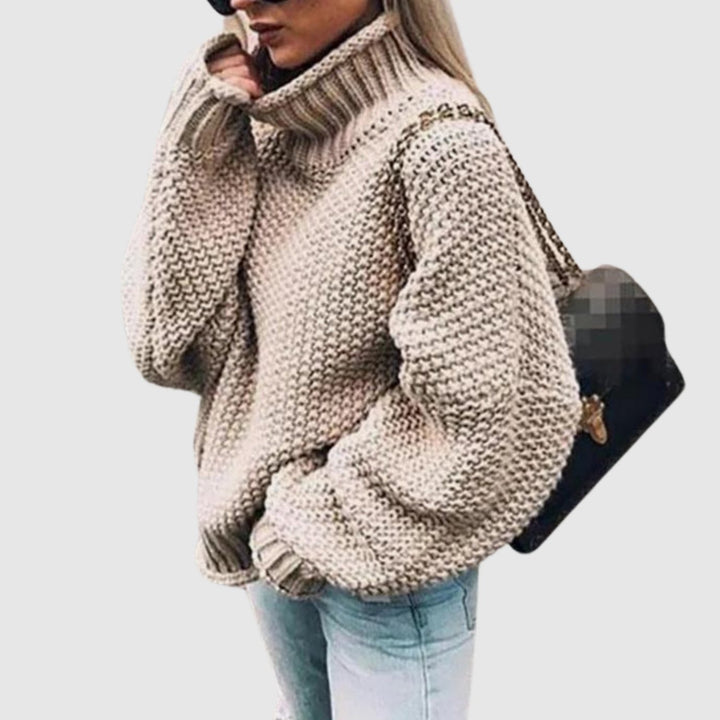 Women's Oversized Chunky Knit Turtleneck Jumper - Khaki