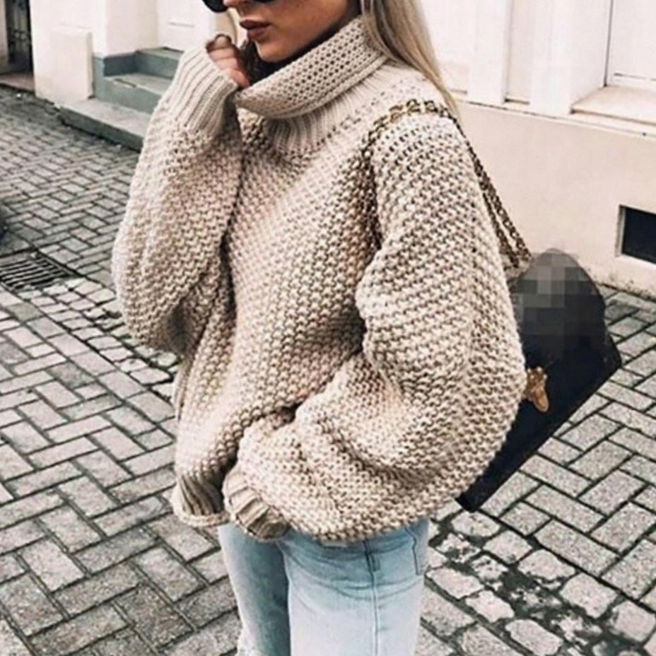 Women's Oversized Chunky Turtleneck Knit Jumper Balloon Sleeve - Khaki