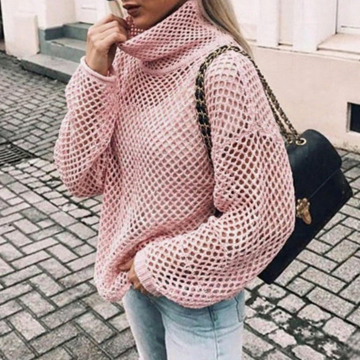 Women's Oversized Chunky Turtleneck Knit Jumper Balloon Sleeve - Pink