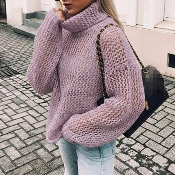 Women's Oversized Chunky Turtleneck Knit Jumper Balloon Sleeve - Purple