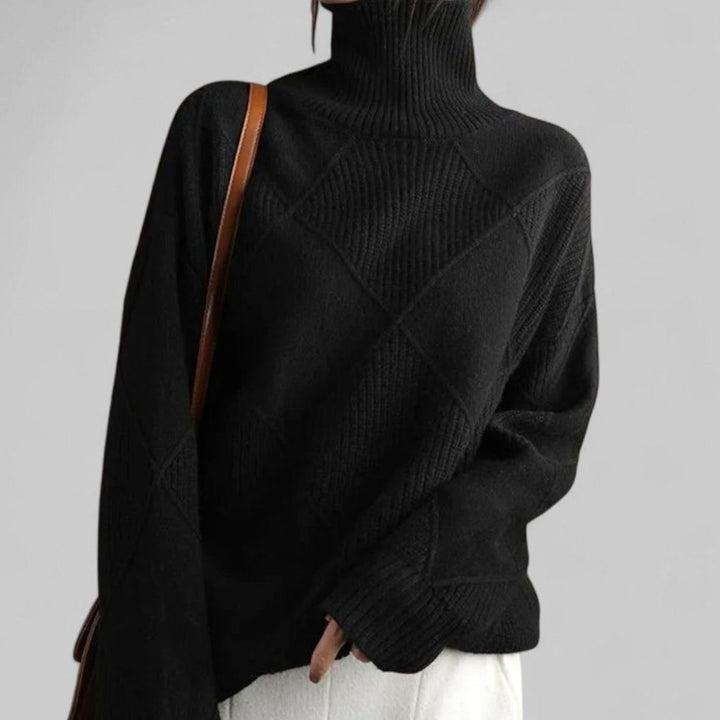 Women's Oversized Diamond-Knit Turtleneck Sweater Long Sleeve - Black