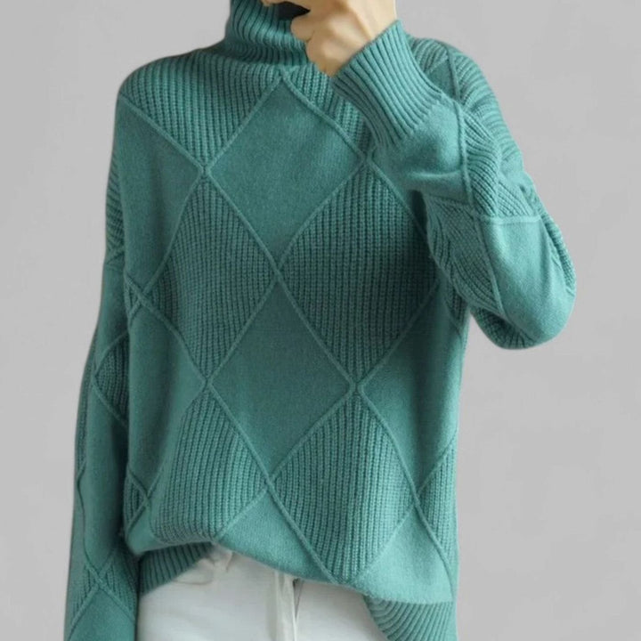Women's Oversized Diamond-Knit Turtleneck Sweater Long Sleeve - Turquoise