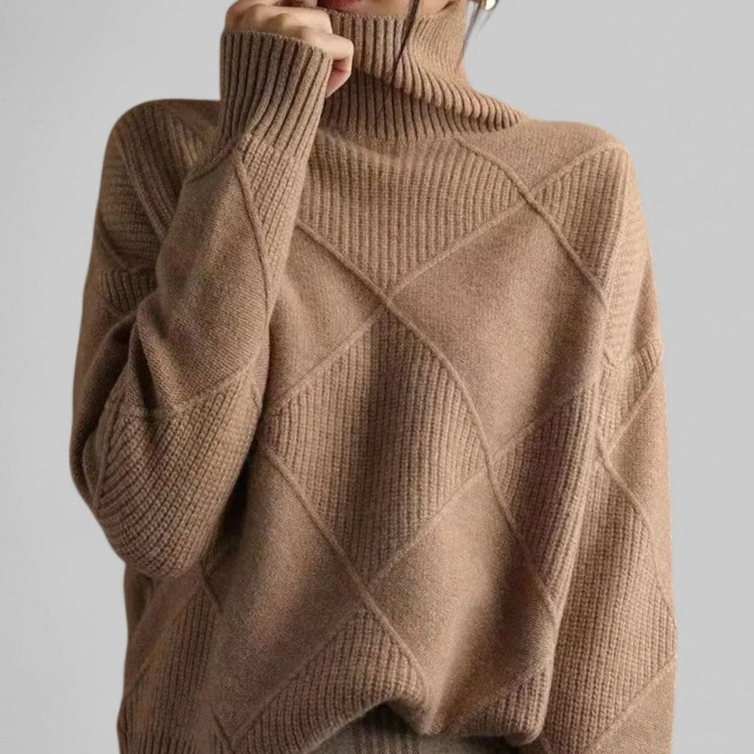 Women's Oversized Diamond-Knit Turtleneck Sweater Long Sleeve - Camel