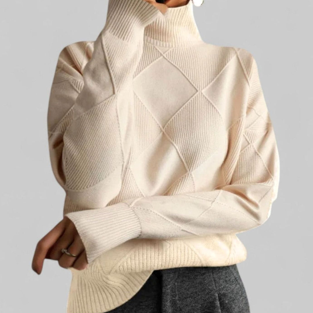 Women's Oversized Diamond-Knit Turtleneck Sweater Long Sleeve - Beige
