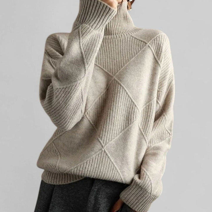 Women's Oversized Diamond-Knit Turtleneck Sweater Long Sleeve - Grey