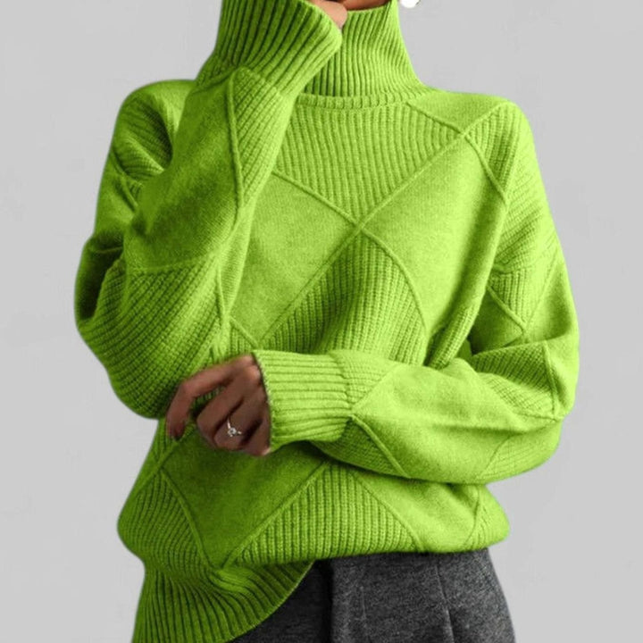 Women's Oversized Diamond-Knit Turtleneck Sweater Long Sleeve - Green