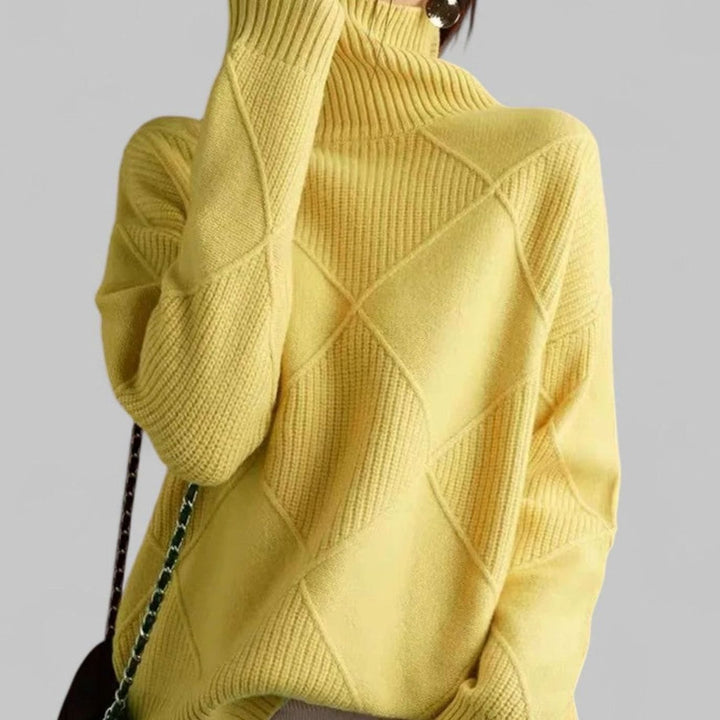 Women's Oversized Diamond-Knit Turtleneck Sweater Long Sleeve - Yellow