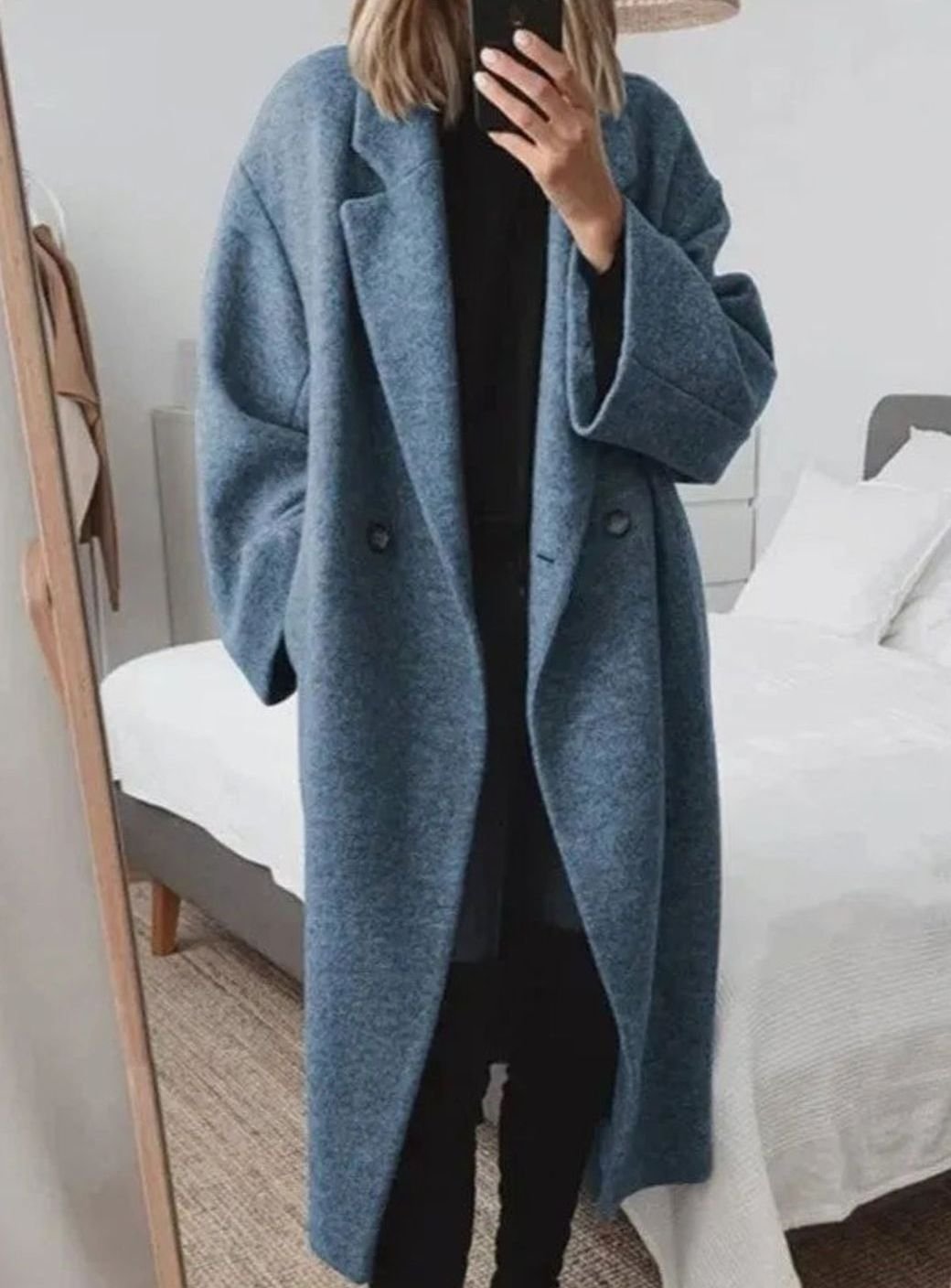 Women's Oversized Double-Breasted Button-Down Coat - Navy Blue