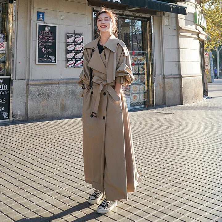 Women's Oversized Double-Breasted Longline Trench Coat - Khaki