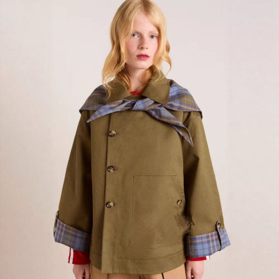 Women's Oversized Double-Breasted Trench Coat Tartan-Lined Collar