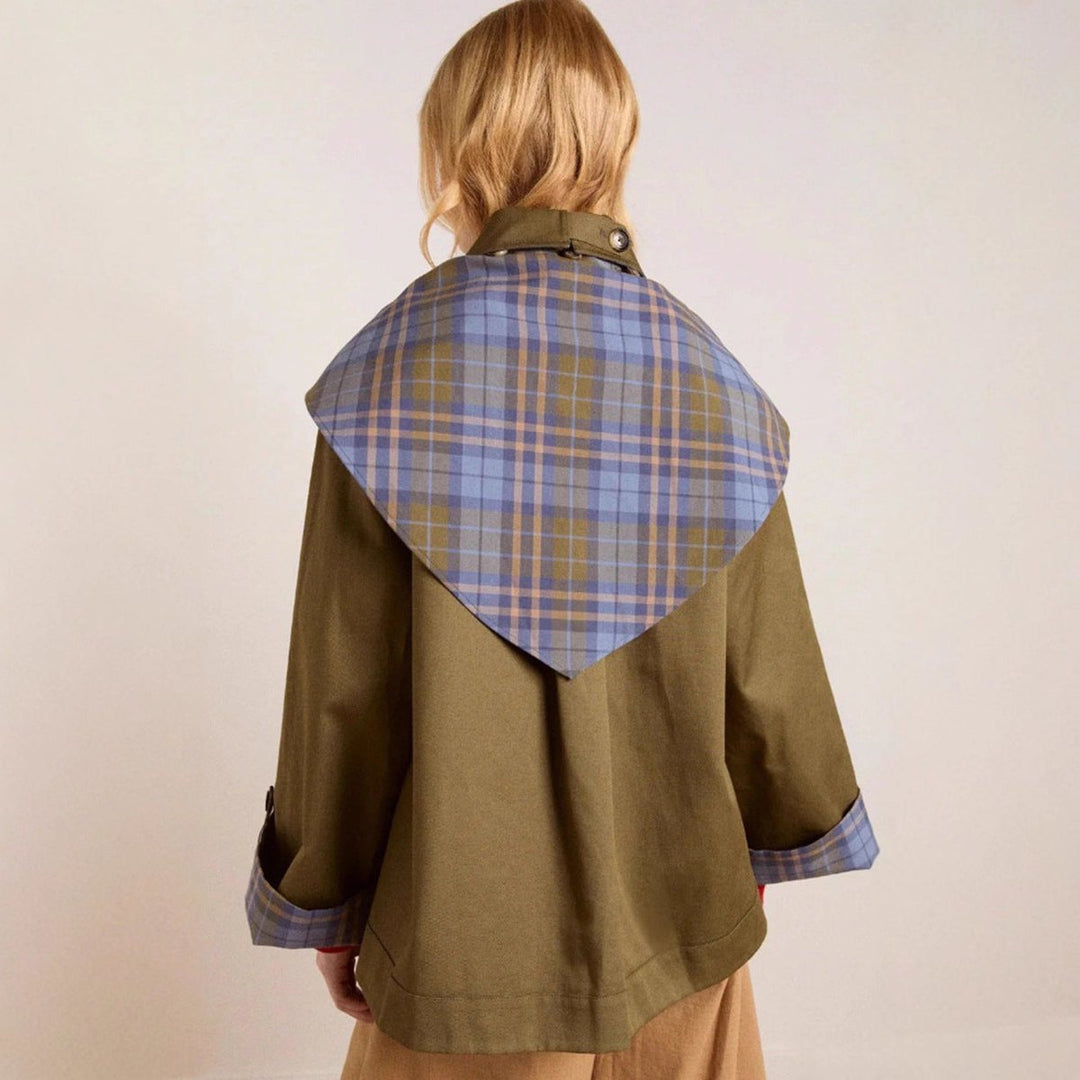 Women's Oversized Double-Breasted Trench Coat Tartan-Lined Collar