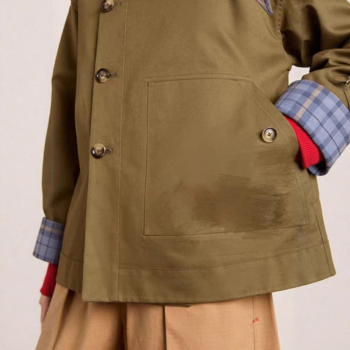Women's Oversized Double-Breasted Trench Coat Tartan-Lined Collar
