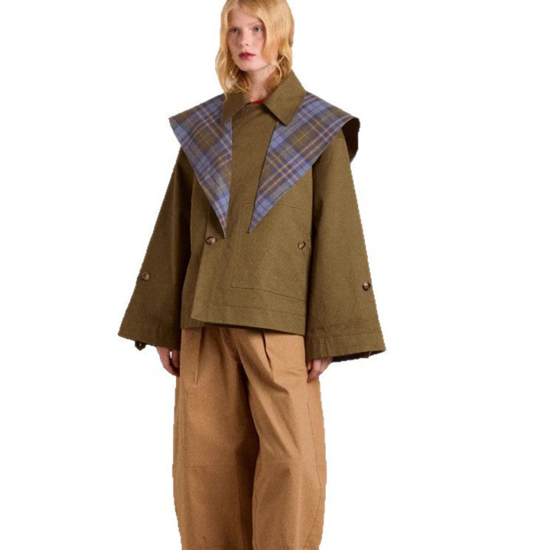 Women's Oversized Double-Breasted Trench Coat Tartan-Lined Collar