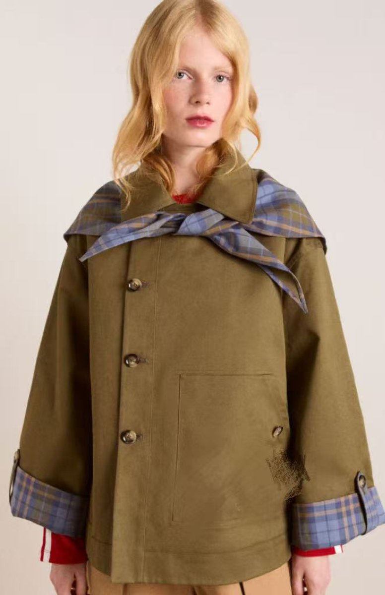 Women's Oversized Double-Breasted Trench Coat Tartan-Lined Collar - Brown