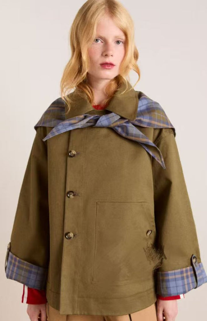 Women's Oversized Double-Breasted Trench Coat Tartan-Lined Collar - Brown