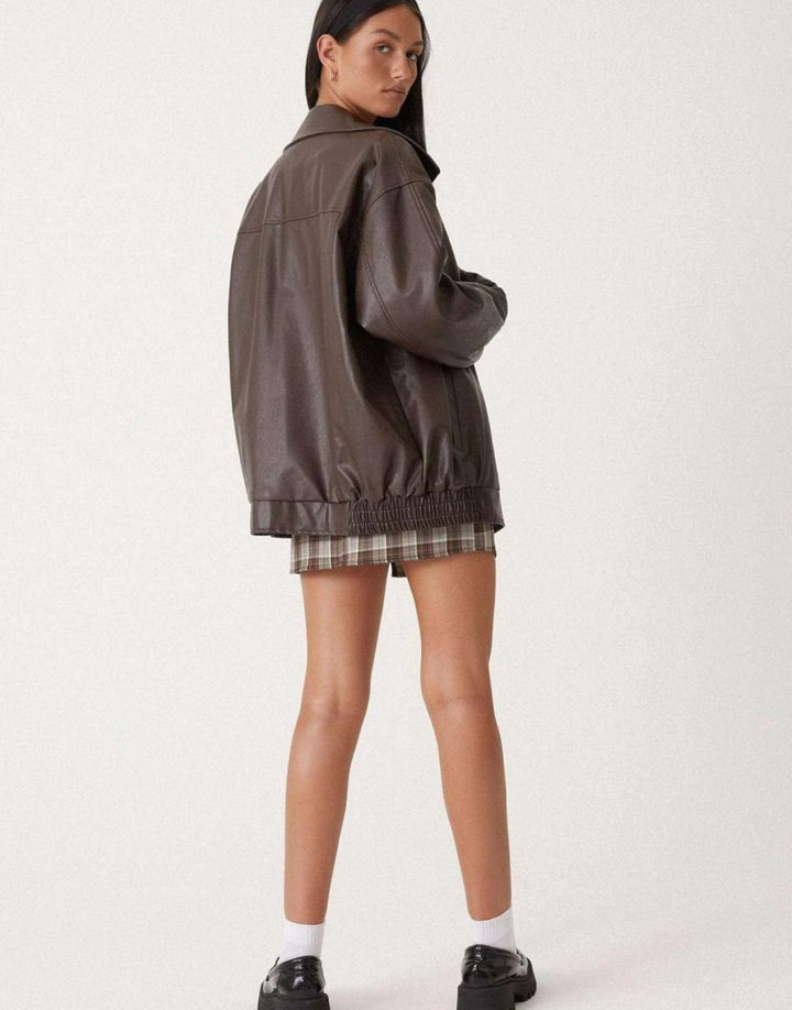 Women's Oversized Faux Leather Zip-Up Bomber Jacket
