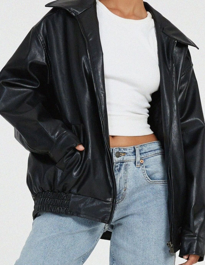 Women's Oversized Faux Leather Zip-Up Bomber Jacket