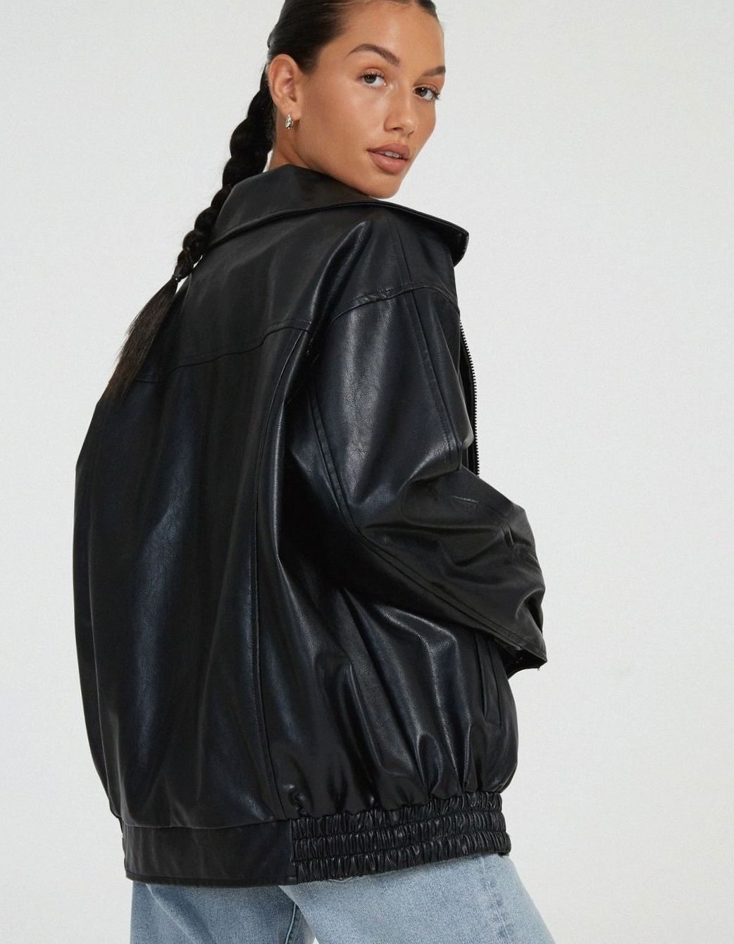 Women's Oversized Faux Leather Zip-Up Bomber Jacket