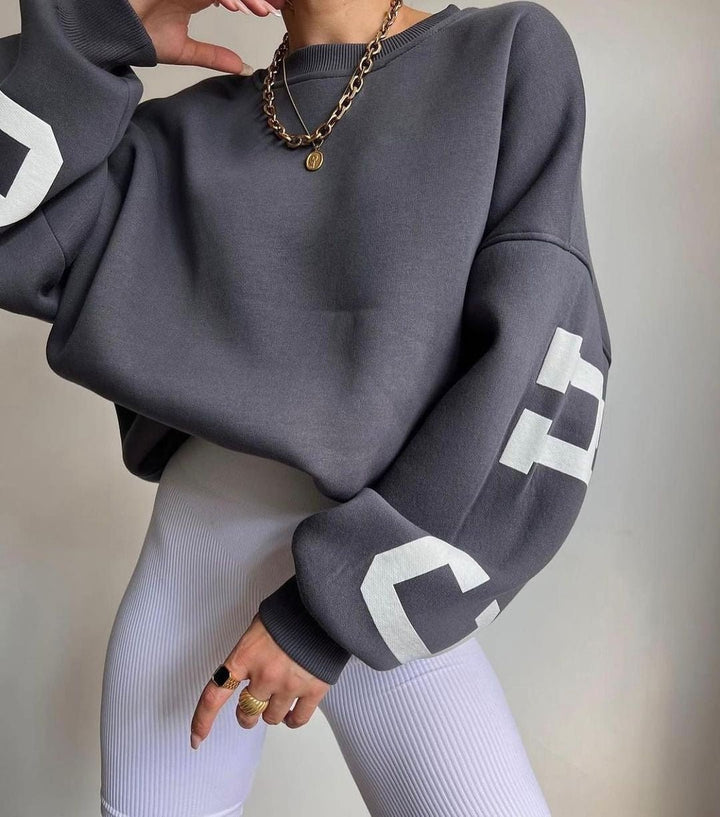 Women's Oversized Fleece-Lined Varsity Sleeve Crewneck Jumper - Grey